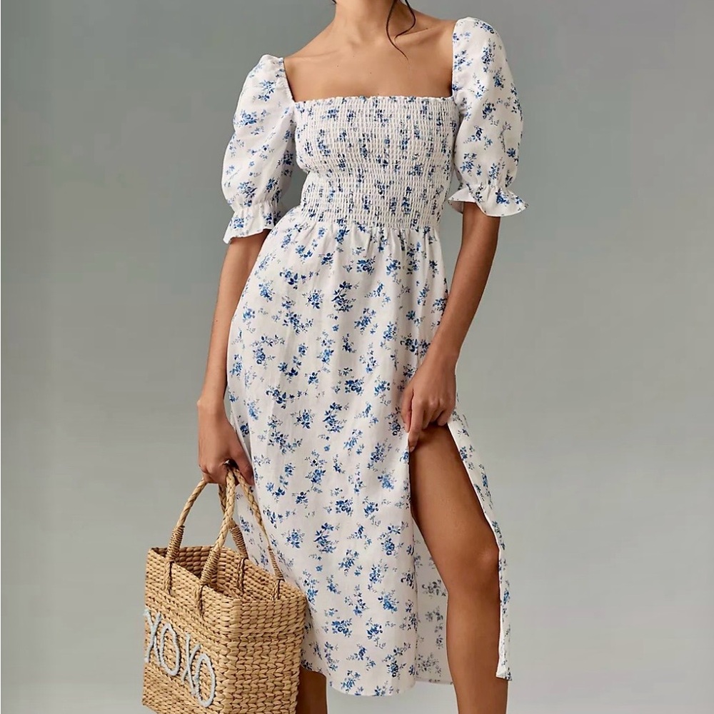 Reformation | Marbella linen floral midi dress puff sleeve